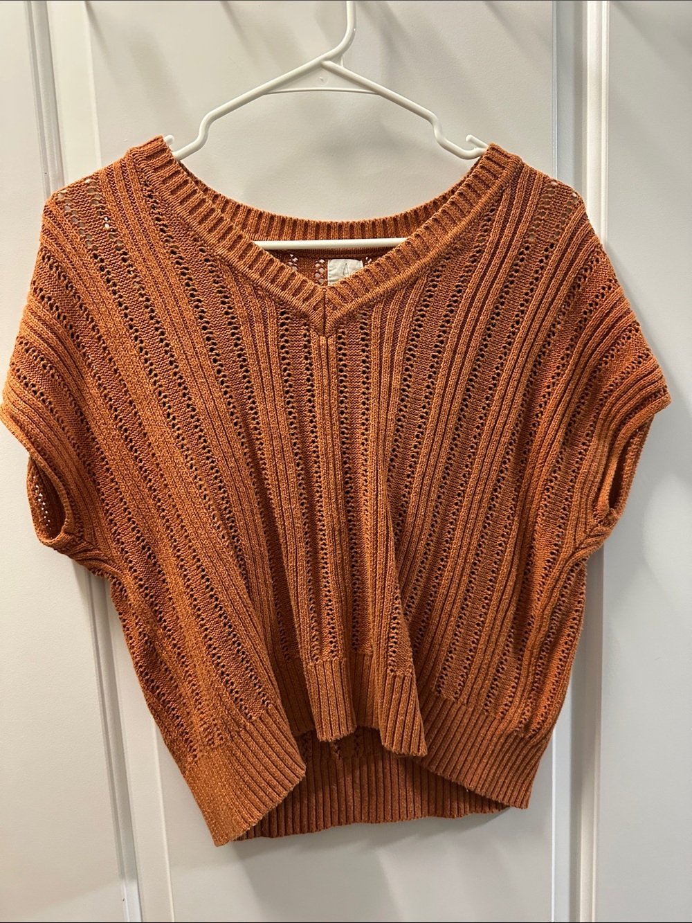 Joie Open-Knit V-Neck Top in Rust Orange